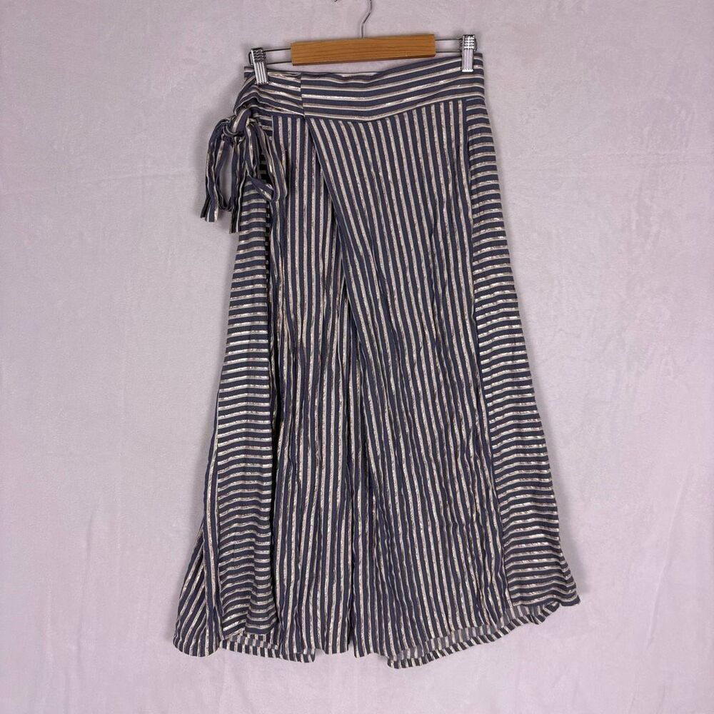 Eva Franco Anthro Blue, Gold, and White Striped High Waisted Wide Leg Pants 2
